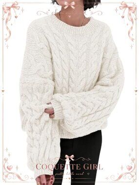 Womens Cable Knit Oversized Sweater Long Sleeve Crewneck Pullover